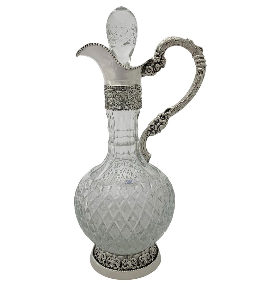 Topazio 925 Sterling Silver Crystal Floral Chased Pitcher Made in Portugal: Topazio 925 Sterling Silver Crystal Floral Chased Pitcher Made in Portugal Presenting a stunning Fine Topazio 925 Sterling Silver and Crystal Pitcher, expertly handcrafted in Portugal. This elegant pi