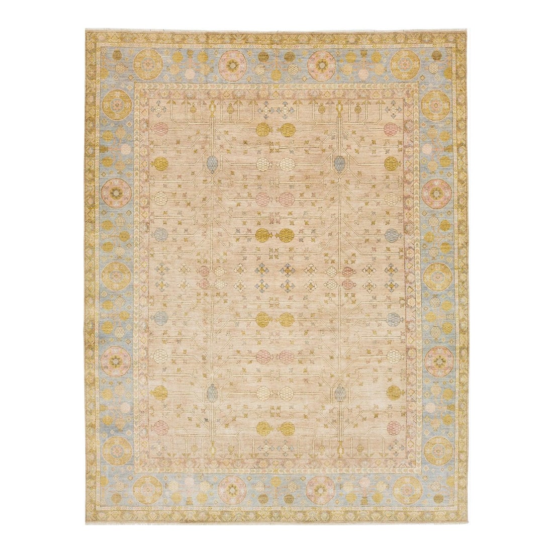 12 x 15 Hand-Knotted Khotan Style Wool Rug Beige: 12 x 15 Hand-Knotted Khotan Style Wool Rug Beige This exquisite Khotan-style hand-knotted wool rug features a warm beige field beautifully enhanced with goldenrod, pink, and blue accents. The intricat