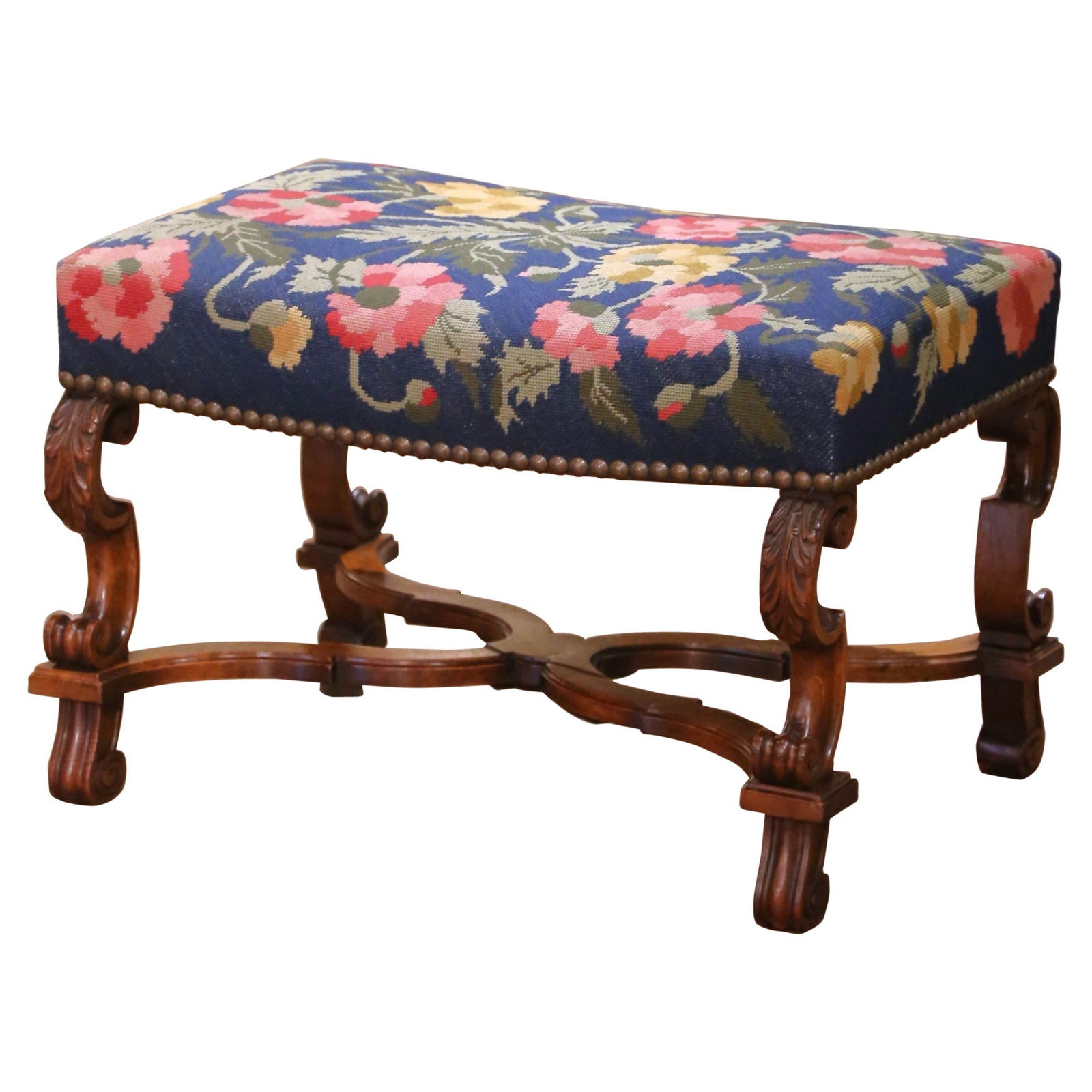 Antique 19th Century French Louis XIII Walnut Stool with Floral Needlepoint: Antique 19th Century French Louis XIII Walnut Stool with Floral Needlepoint Enhance your living space with this stunning 19th Century French Louis XIII Walnut Stool. Crafted in France around 1870, thi