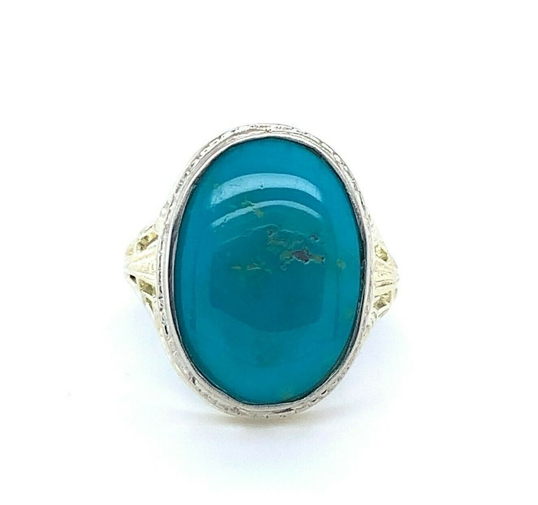 14k Yellow Gold Art Deco Filigree Cocktail Ring with Teal Turquoise (1 of 9)