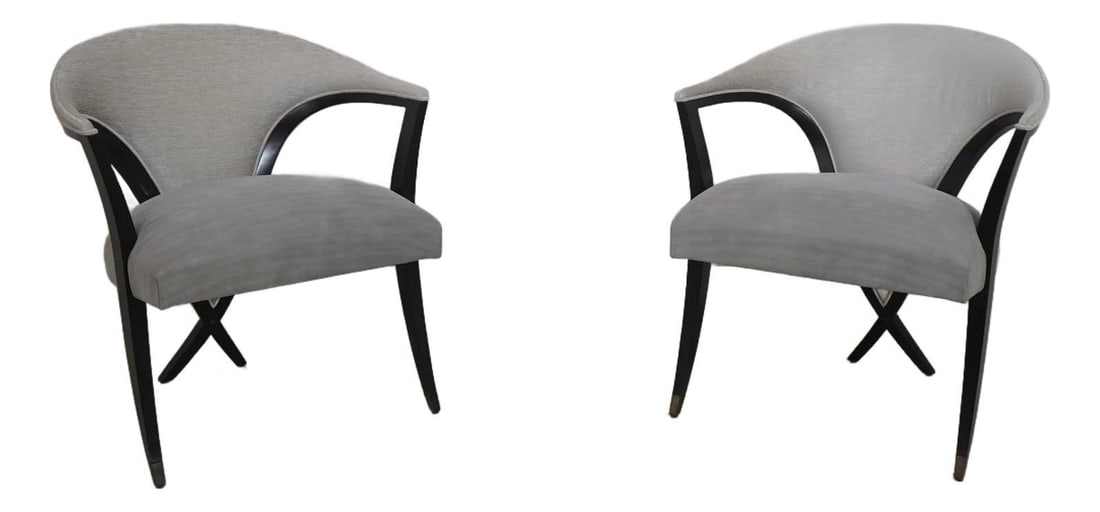 Christopher Guy Monte Carlo Black Armchairs Pair with Brass Feet: Christopher Guy Monte Carlo Black Armchairs Pair with Brass Feet This exquisite pair of Christopher Guy Monte Carlo Armchairs features a stunning modern design with sweeping low backrests and criss-cr