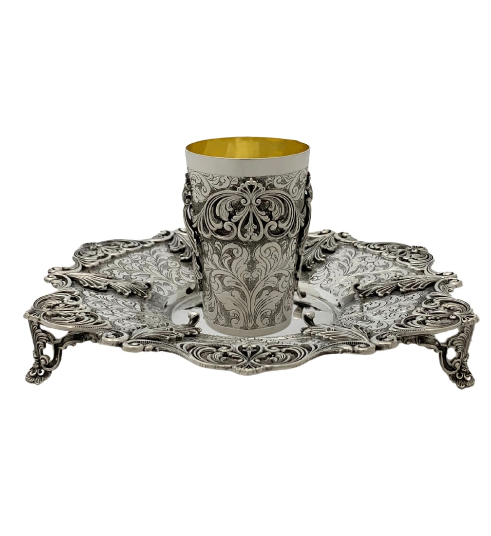 Handmade Sterling Silver Leaf Applique Cup and Tray Set (1 of 6)