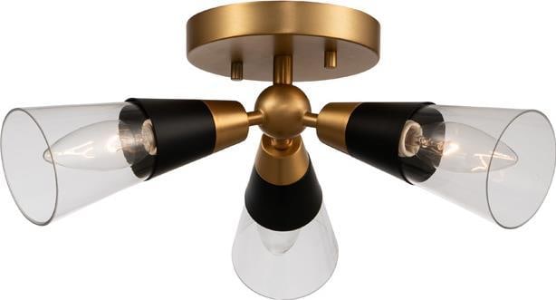 Kalco Ponti 3-Light Semi Flush Matte Black and Brass Fixture: Kalco Ponti 3-Light Semi Flush Matte Black and Brass Fixture Elevate your space with this Chic Mid-Century Modern 3-Light Fixture from the Ponti collection. Featuring a sleek matte black finish comple