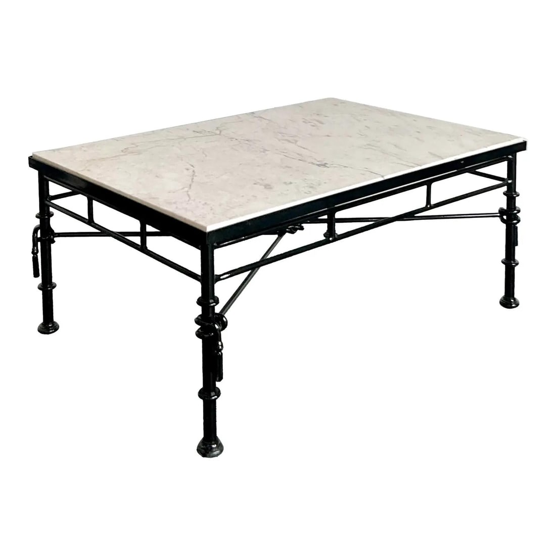 Hollywood Regency Marble Top Cocktail Table with Black Faux Bamboo Iron Base: Hollywood Regency Marble Top Cocktail Table with Black Faux Bamboo Iron Base This vintage Hollywood Regency style coffee table features a rectangular slab of white marble or stone with subtle grey vei