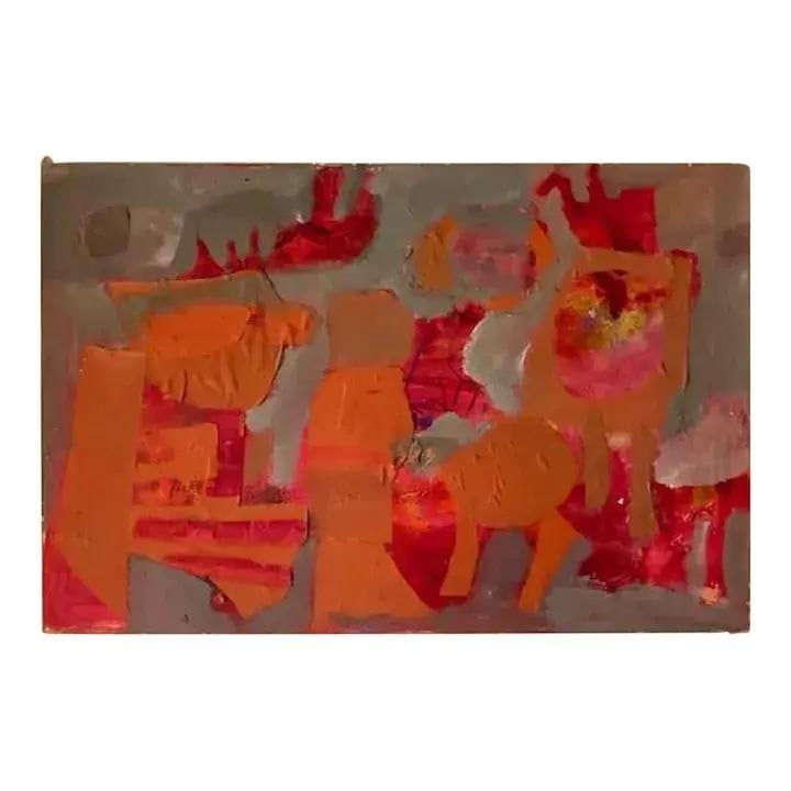 Abstract Mixed Media Artwork on Canvas Early 20th Century Vintage: Abstract Mixed Media Artwork on Canvas Early 20th Century Vintage This early 20th-century vintage abstract mixed media artwork on canvas showcases a dynamic blend of warm oranges, reds, and soft grays