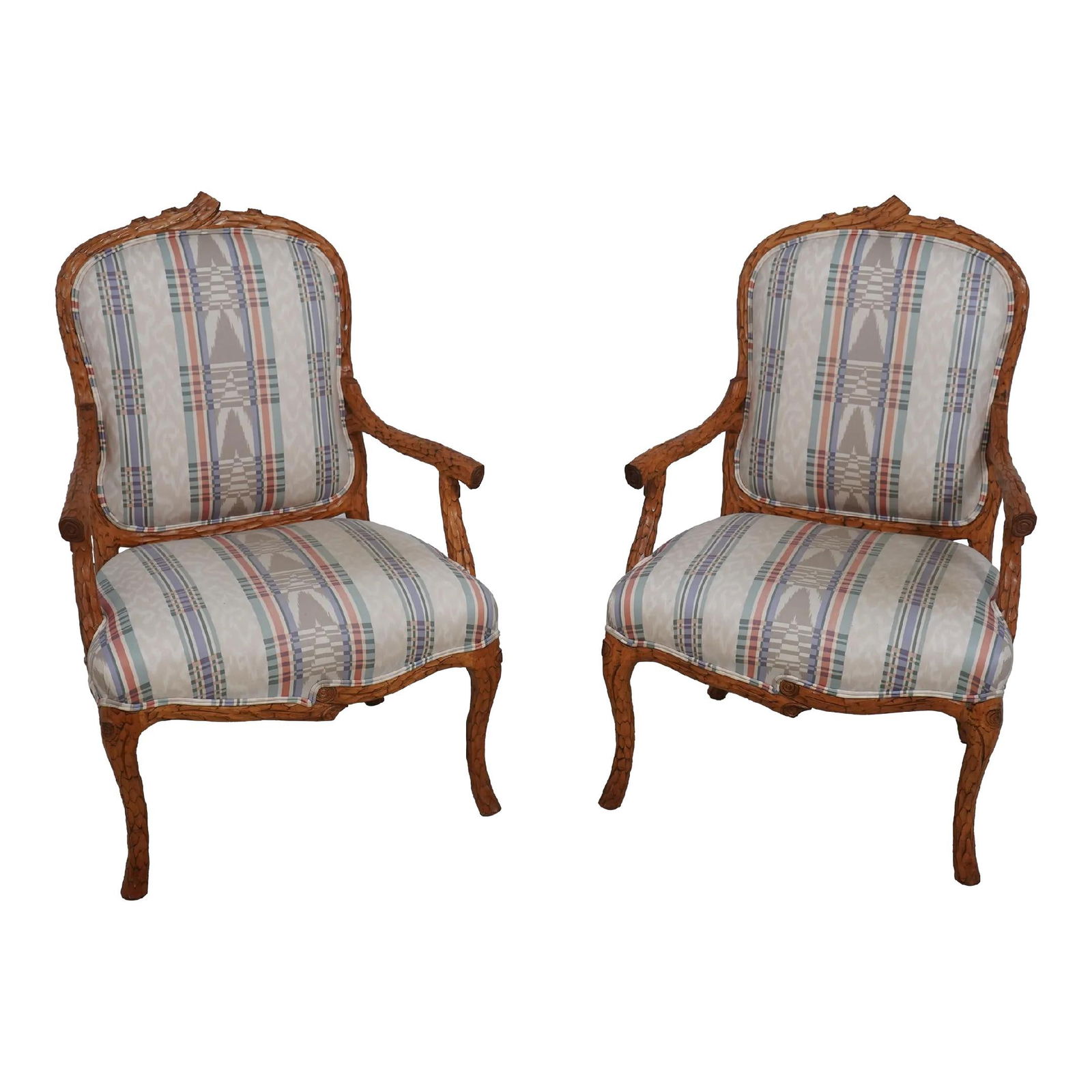 Elegant Pair of Faux Bois Branch Carved Open Armchairs: Elegant Pair of Faux Bois Branch Carved Open Armchairs This exquisite pair of faux bois branch form open armchairs showcases stunning carved details and high-quality construction, embodying a charming