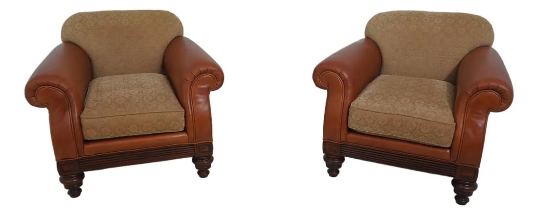Set of 2 Club Chairs Leather and Fabric with Carved Mahogany Details (1 of 10)