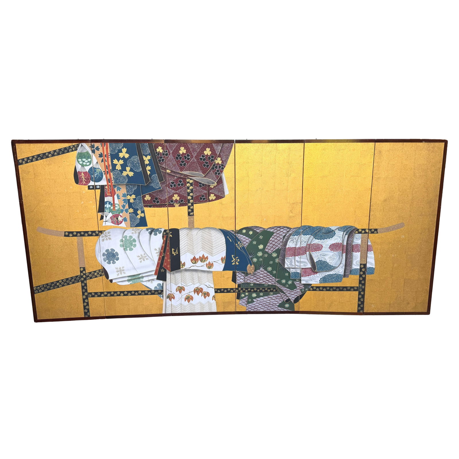 Mid-Century Japanese Six-Panel Byobu Screen with Kimonos and Obi (1 of 14)