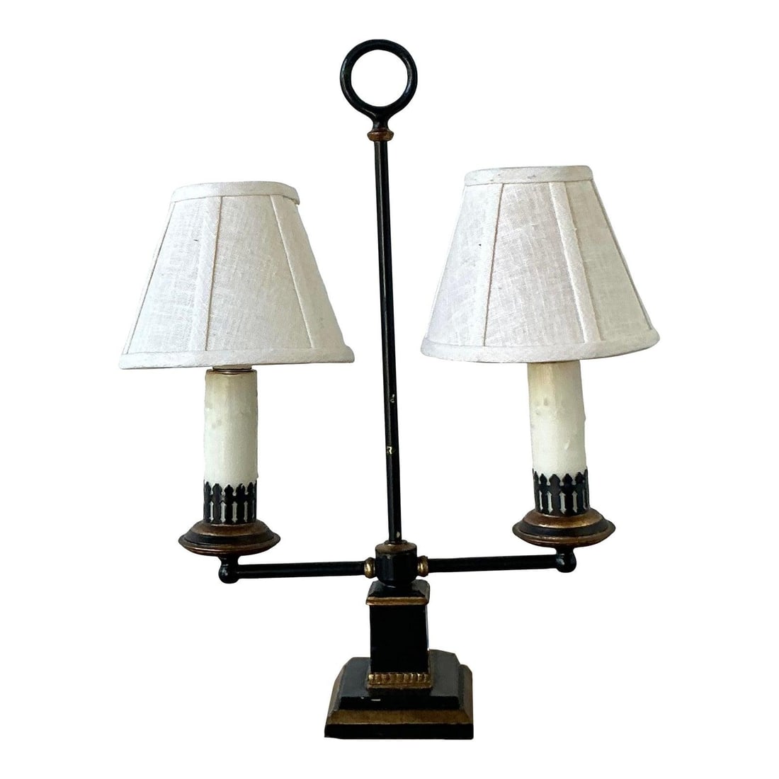 French Bouillotte Table Lamp Matte Black With Gilt Accents Regency Style: French Bouillotte Table Lamp Matte Black With Gilt Accents Regency Style This vintage French Bouillotte-style table lamp features Regency-inspired design with a matte black metal body, hand-applied gi
