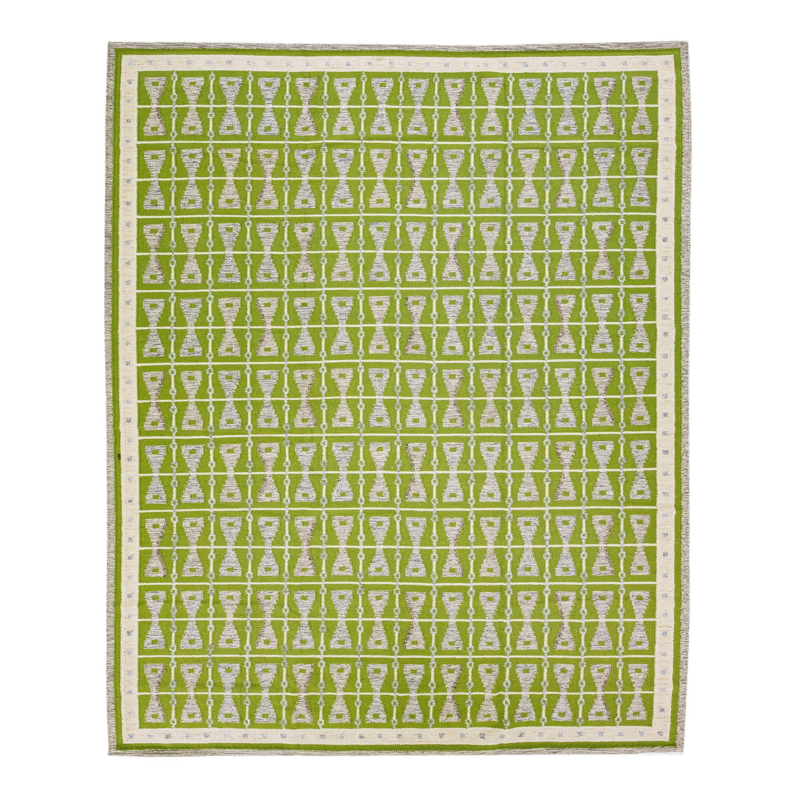 Oversized Green Wool Rug Swedish Style Geometric Design 12'4 x 15': Oversized Green Wool Rug Swedish Style Geometric Design 12'4 x 15' Transform your space with this stunning modern Swedish-style handmade wool rug. Featuring a vibrant green field complemented by gray