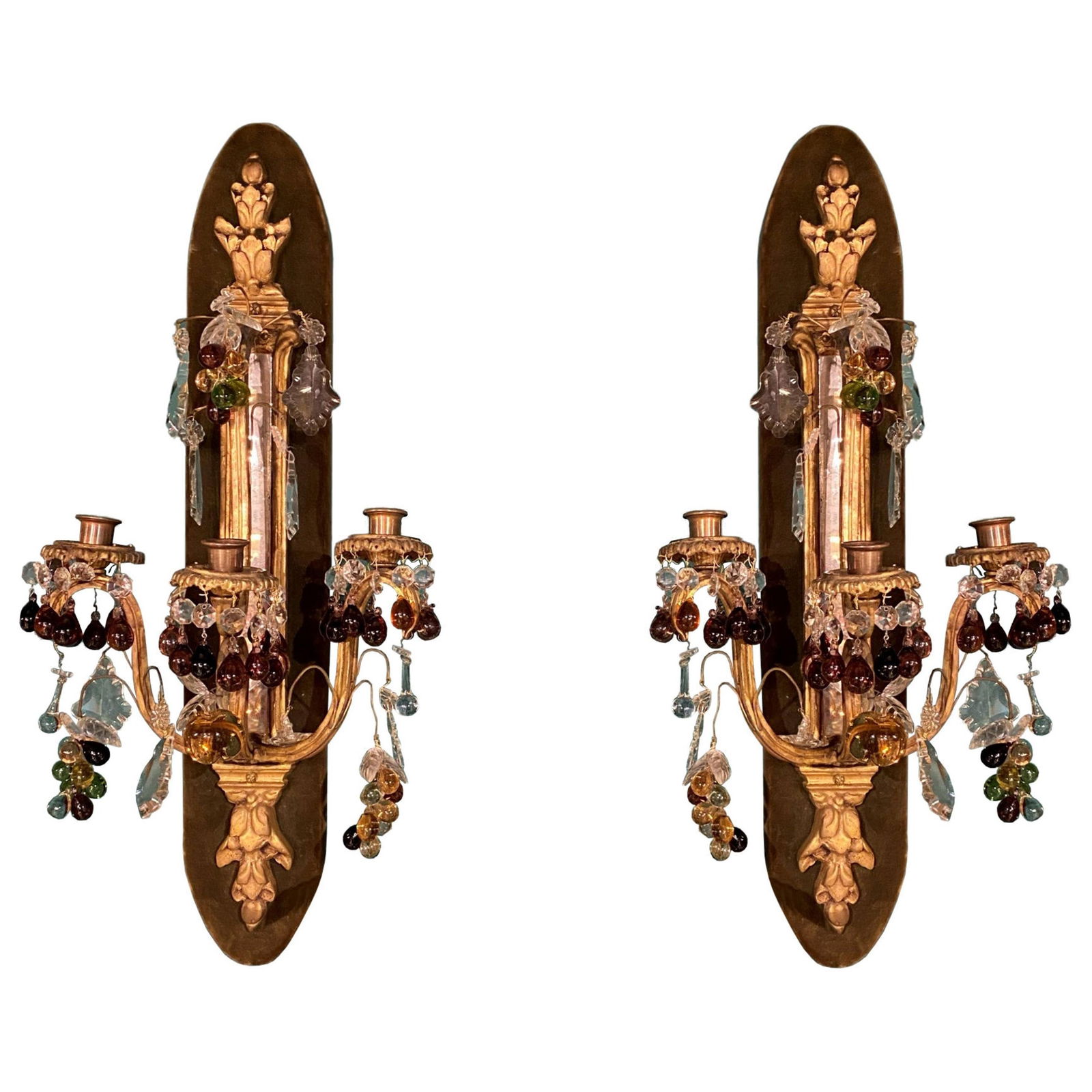 Set of 2 French Bronze Wall Sconces with Fruit Crystal Drops: Set of 2 French Bronze Wall Sconces with Fruit Crystal Drops Pair of French bronze sconces from the early 20th century, featuring fruit-shaped crystal pendants and a wooden backplate covered in