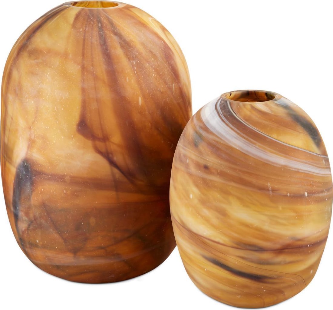 Currey Dark Amber Swirl Glass Vases Set 20H 13.75W 13.75D: Currey Dark Amber Swirl Glass Vases Set 20H 13.75W 13.75D Enhance your decor with this stunning set of Elegant Amber Glass Vases by Currey. Featuring a beautiful dark amber swirl finish, these vases a