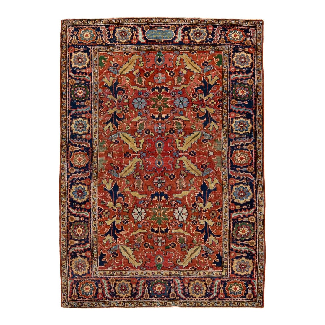 Handmade Antique Persian Heriz Wool Rug 5'5" x 7'6" in Burnt Orange: Handmade Antique Persian Heriz Wool Rug 5'5" x 7'6" in Burnt Orange This stunning antique Persian Heriz wool rug features an allover design with captivating motifs in shades of blue, green, and soft y