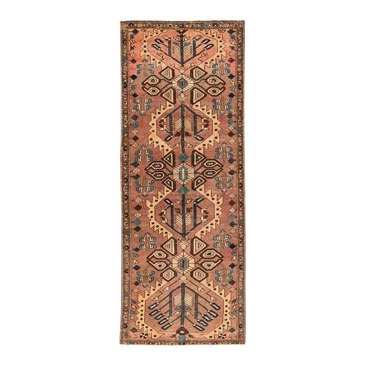 Vintage Handmade Tribal Wool Runner 3'8 x 9'10 Brown: Vintage Handmade Tribal Wool Runner 3'8 x 9'10 Brown This beautifully crafted vintage tribal runner rug showcases a hand-knotted design made from high-quality wool. Its rich brown field is enhanced wi