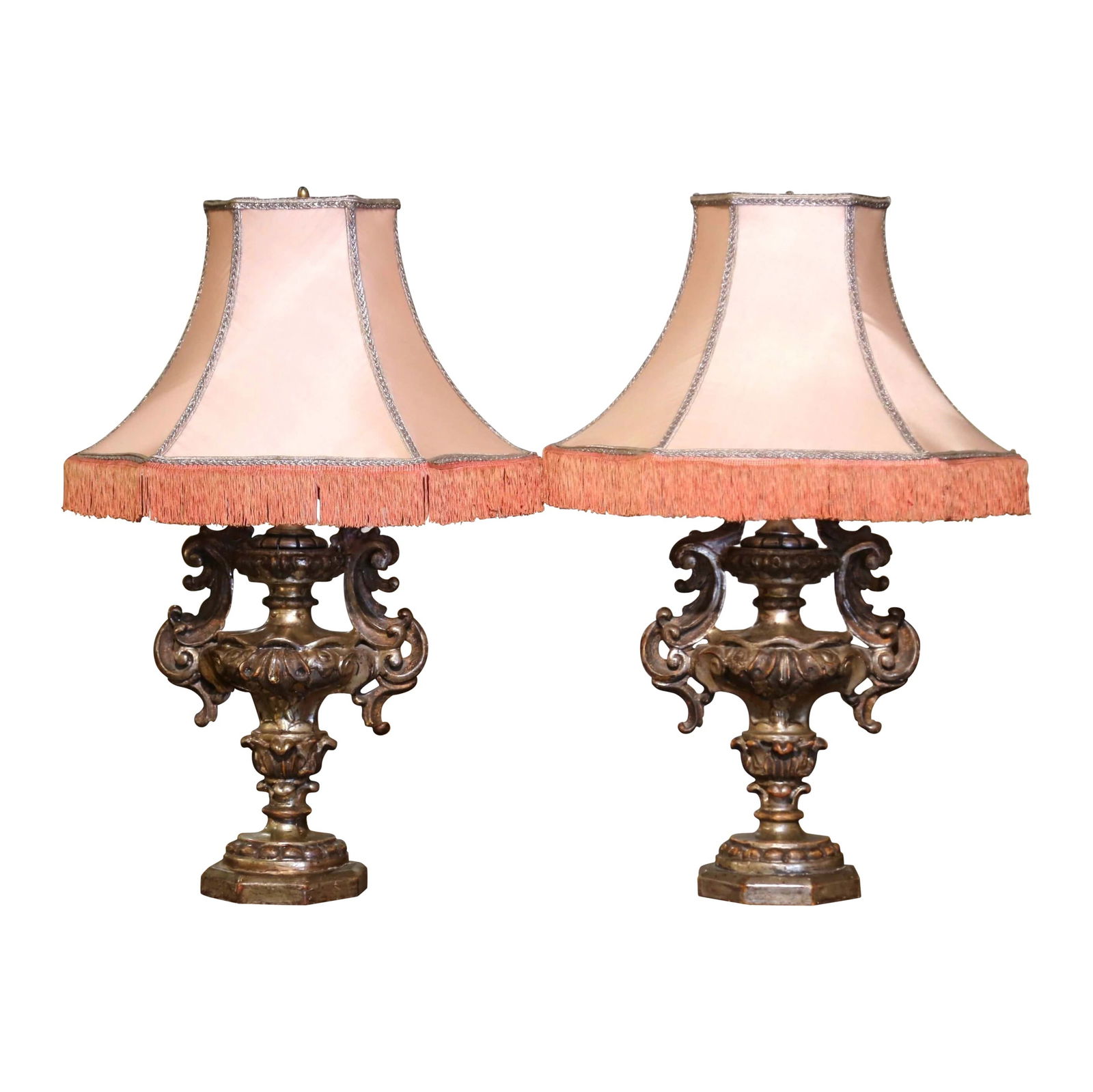 Set of Two Italian Silvered Urn Table Lamps with Custom Shades Circa 1960 (1 of 10)