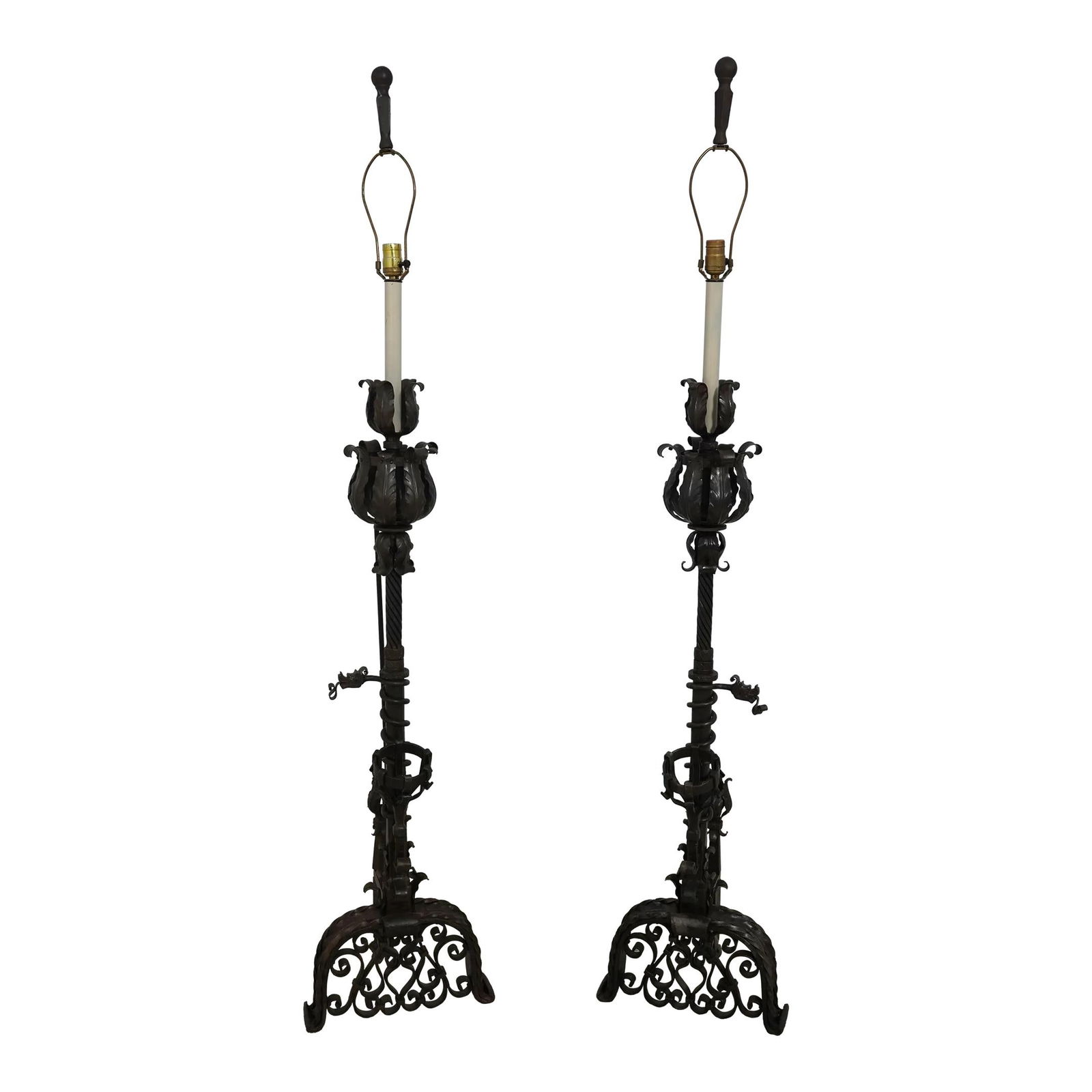 Gothic Wrought Iron Fireplace Andiron Lamps Bronze Finish Pair: Gothic Wrought Iron Fireplace Andiron Lamps Bronze Finish Pair This stunning pair of Gothic wrought iron fireplace andiron lamps is a captivating addition to any home decor. With a unique design that