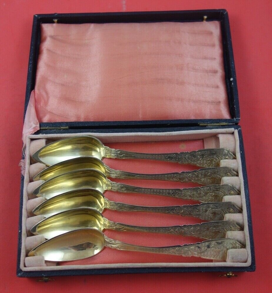 French .800 Silver Vermeil Grapefruit Spoon Set of 6 in Box (1 of 5)
