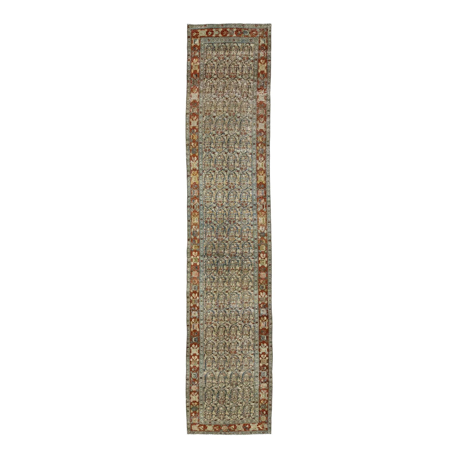 Antique Persian Malayer Wool Runner Blue with Vibrant Accents: Antique Persian Malayer Wool Runner Blue with Vibrant Accents This exquisite Antique Persian Malayer wool runner showcases a beautiful blue field with an intricate allover pattern complemented by acce