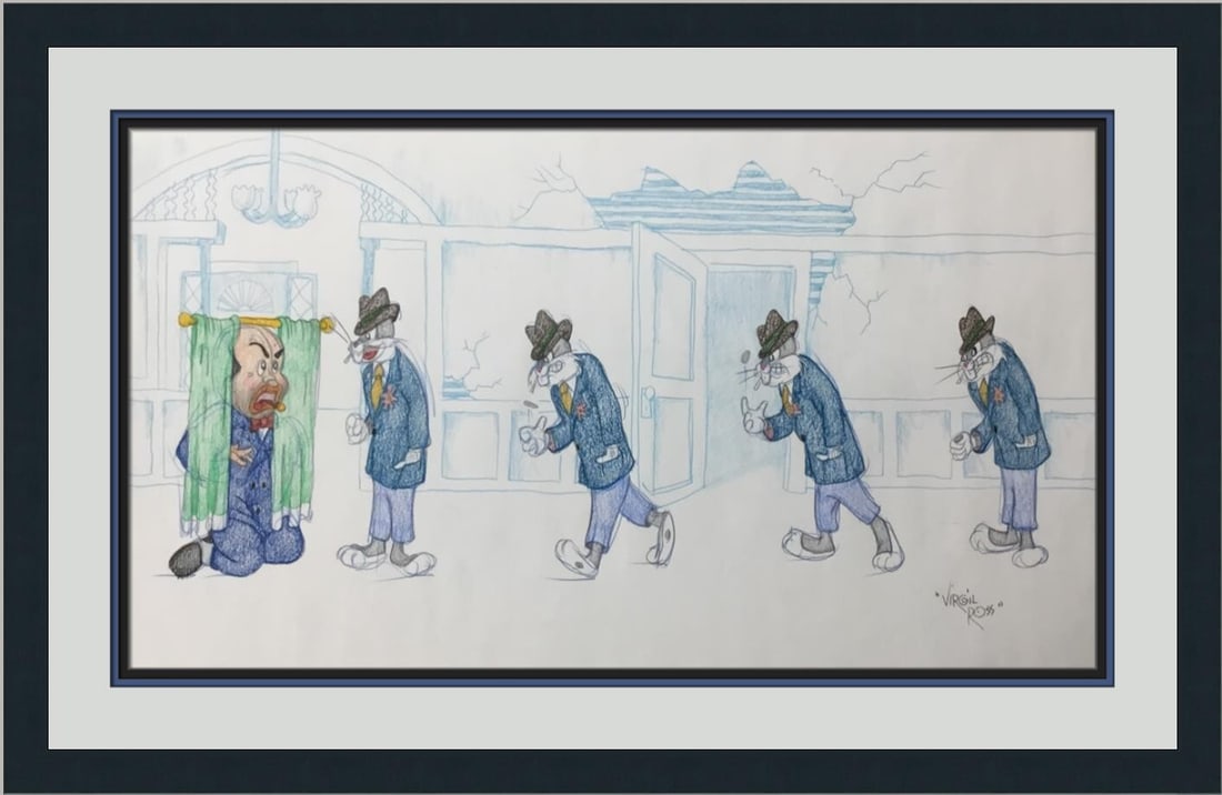 Virgil Ross Signed Bugs Bunny Rocky Model Sheet Custom Framed Artwork: Virgil Ross Signed Bugs Bunny Rocky Model Sheet Custom Framed Artwork This original signed model sheet drawing features Bugs Bunny and Rocky, a caricature of Edward G. Robinson, brought to life by leg