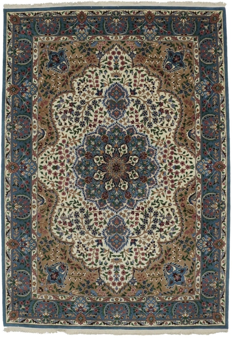 Large Wool Area Rug Hand-Knotted Floral Kirman Design 6'6 x 9'4: Large Wool Area Rug Hand-Knotted Floral Kirman Design 6'6 x 9'4 This handmade Kirman rug features a classic floral pattern in cream, teal blue, tan, rusty pink, and green tones. Crafted from hand-knot