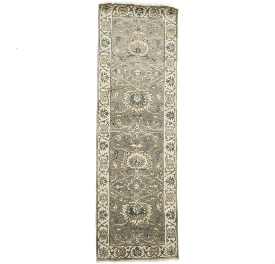Hand-Knotted Oushak Chobi Wool Floral Runner 2'6 x 7'10: Hand-Knotted Oushak Chobi Wool Floral Runner 2'6 x 7'10 Enhance your living space with this elegant 2'6" x 7'10" hand-knotted Oushak Chobi wool runner. Featuring a beautiful floral pattern in taupe, b