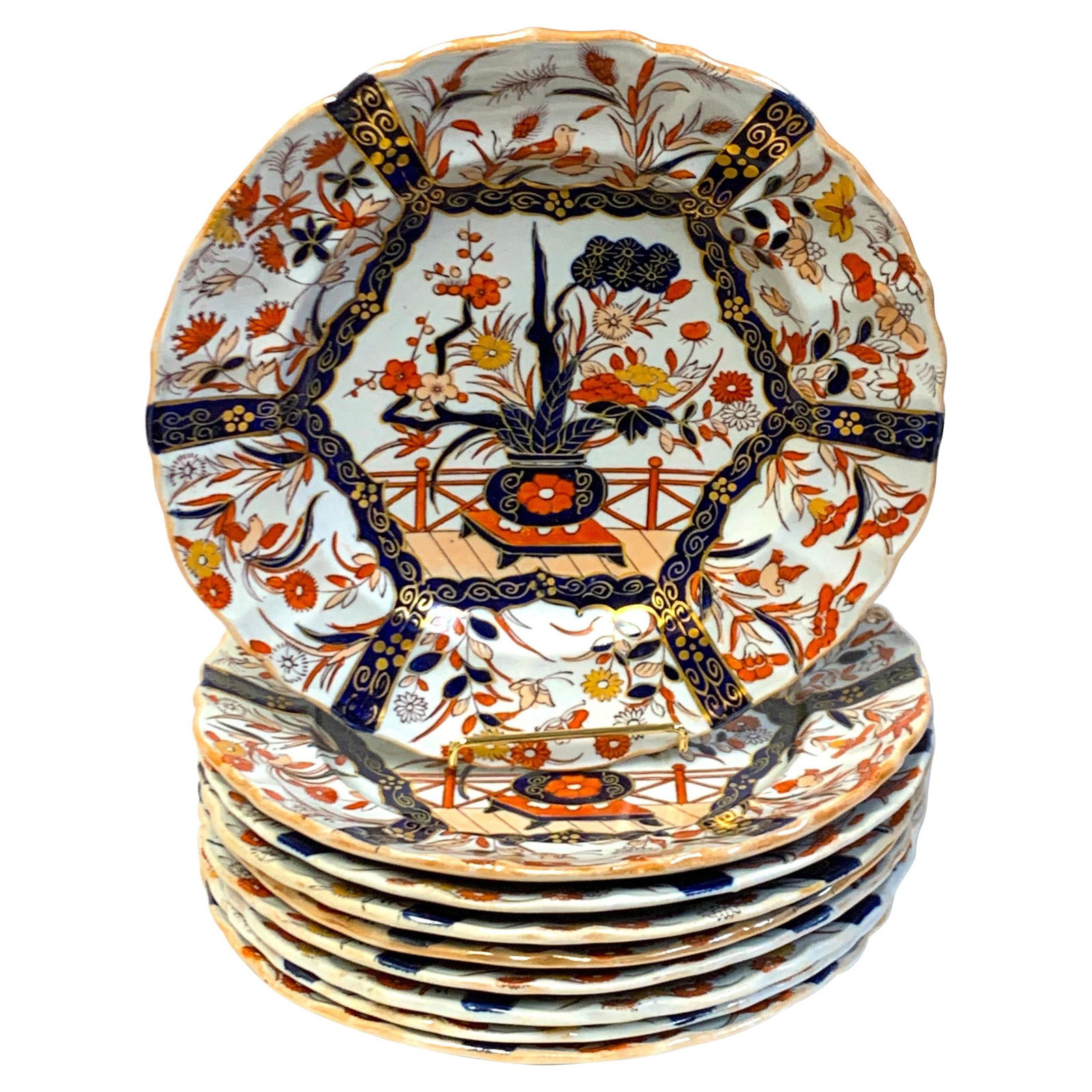 Masons Ironstone Set of 9 Imari Pattern 9 Inch Plates: Masons Ironstone Set of 9 Imari Pattern 9 Inch Plates This exquisite set of nine Masons ironstone plates features a charming Imari or Indian tree pattern variation. Each plate measures 9 inches in dia
