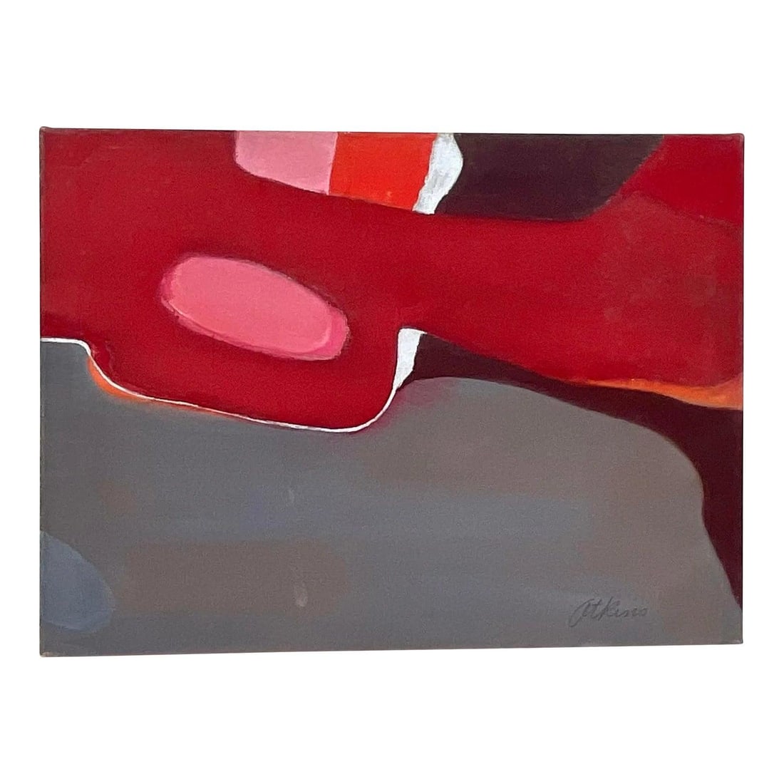 Original Abstract Oil Painting on Canvas in Bohemian Style: Original Abstract Oil Painting on Canvas in Bohemian Style This vintage boho original abstract oil on canvas features an expressive composition of flowing forms in rich shades of red, pink, orange, an