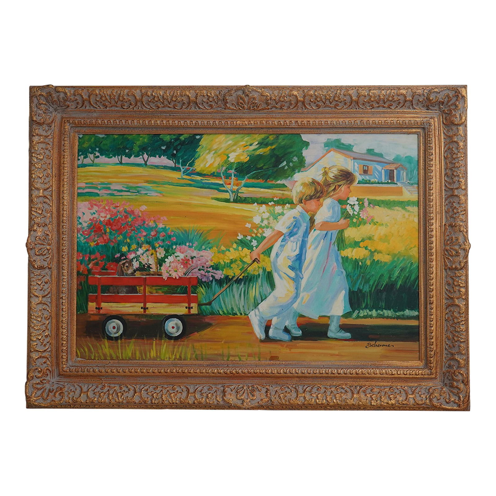 Artist Signed Young Child Pulling Wagon Oil Painting Gold Frame: Artist Signed Young Child Pulling Wagon Oil Painting Gold Frame This large and impressive oil painting on canvas depicts a young child pulling a wagon, showcasing bright and vibrant colors. Hand paint
