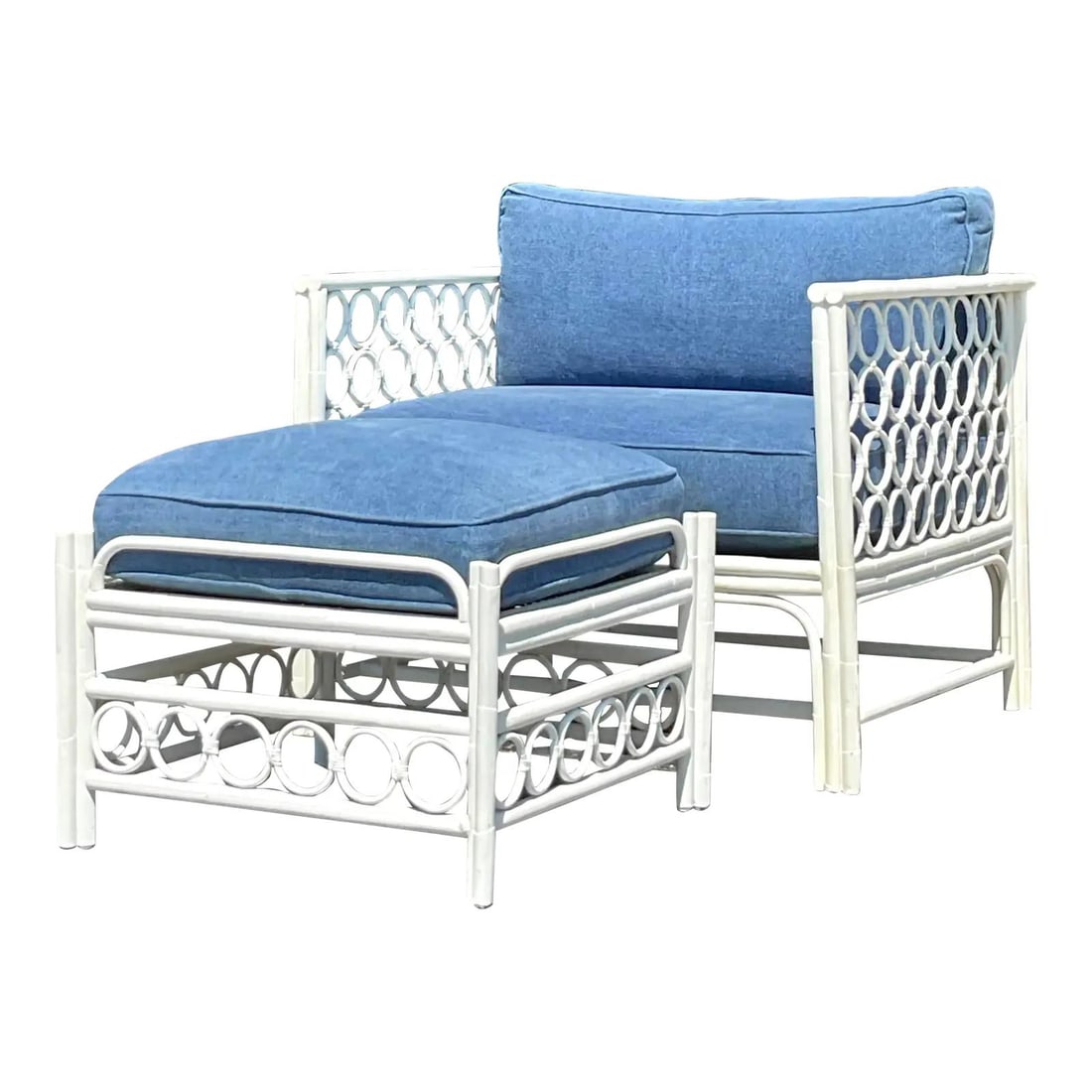 Vintage Coastal Rattan Lounge Chair and Ottoman Set with Blue Cushions: Vintage Coastal Rattan Lounge Chair and Ottoman Set with Blue Cushions Experience ultimate relaxation with this charming vintage coastal lounge chair and matching ottoman set. The sturdy rattan frame,