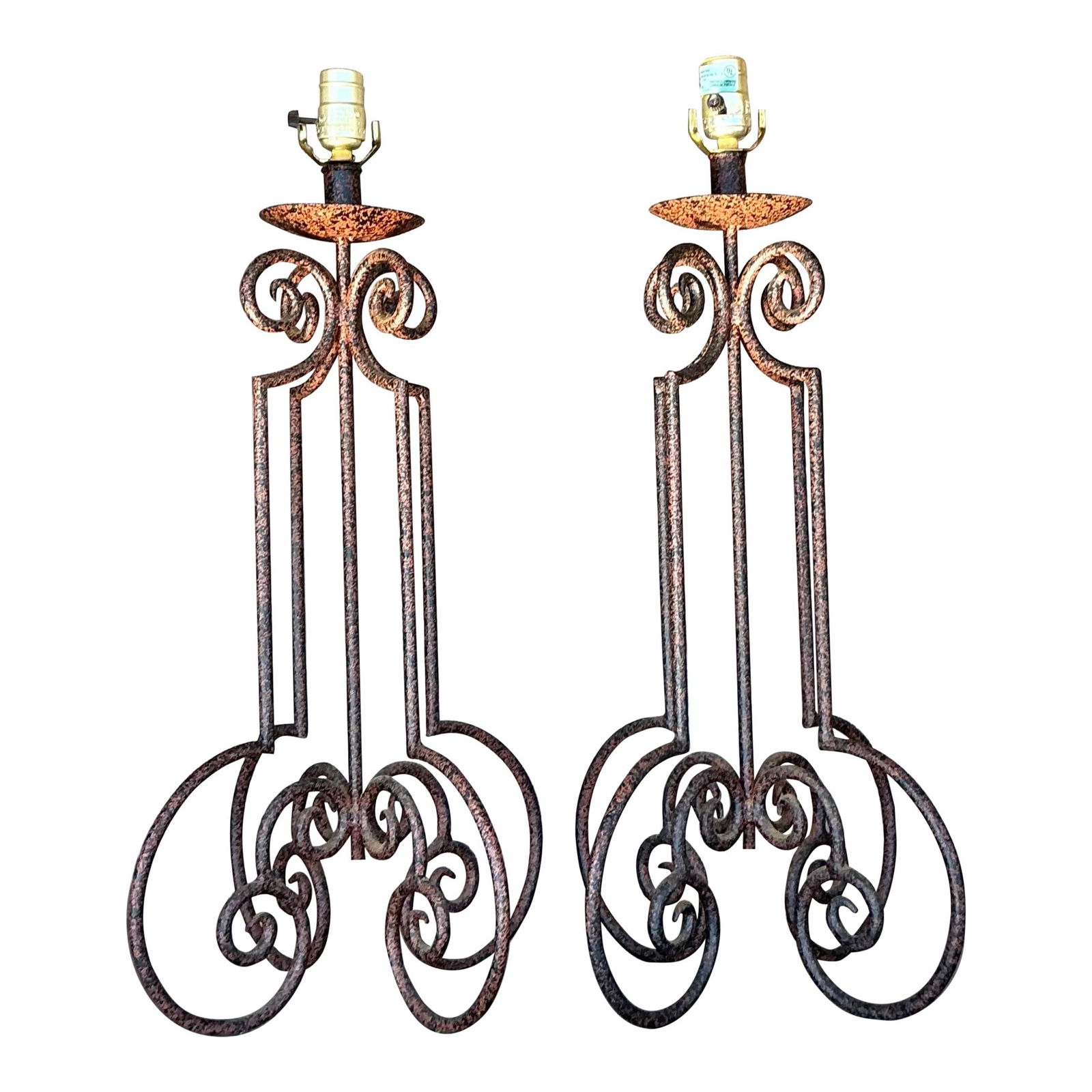 Vintage Boho Metal Column Lamps Pair with Scrollwork Design: Vintage Boho Metal Column Lamps Pair with Scrollwork Design Enhance your living space with this elegant pair of vintage boho-inspired scroll metal column lamps. Featuring intricate scrollwork designs,