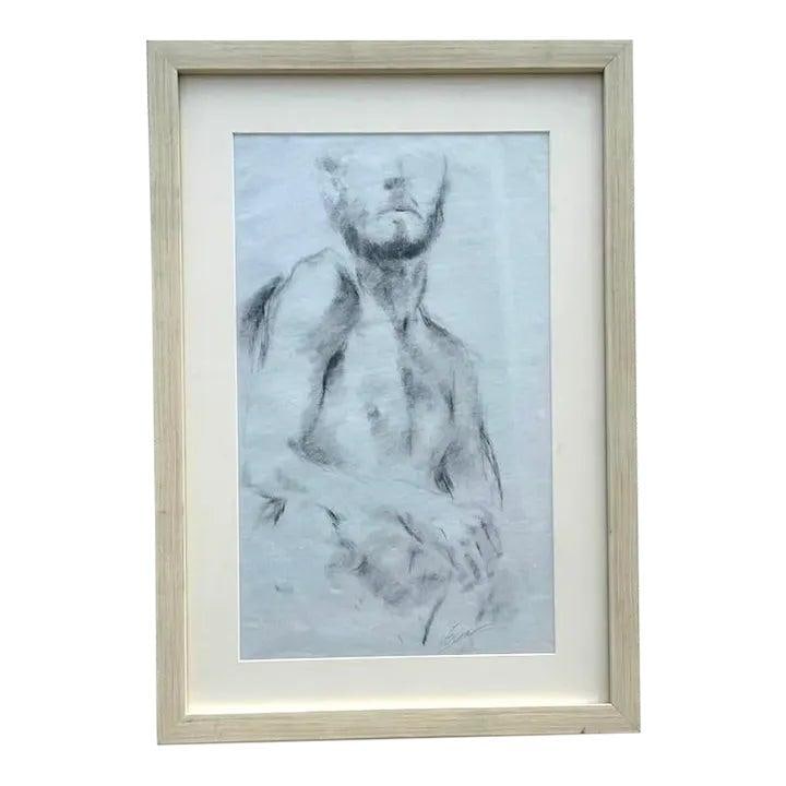 Framed Monochrome Male Figure Sketch on Paper in Bohemian Style: Framed Monochrome Male Figure Sketch on Paper in Bohemian Style This vintage Boho sketch features a dynamic depiction of a male figure, rendered with expressive lines and subtle shading that highlight