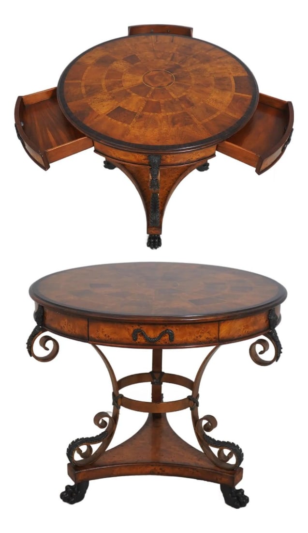 Neoclassical Burl Walnut Drum Table With Ormolu Bronze Iron Base (1 of 10)