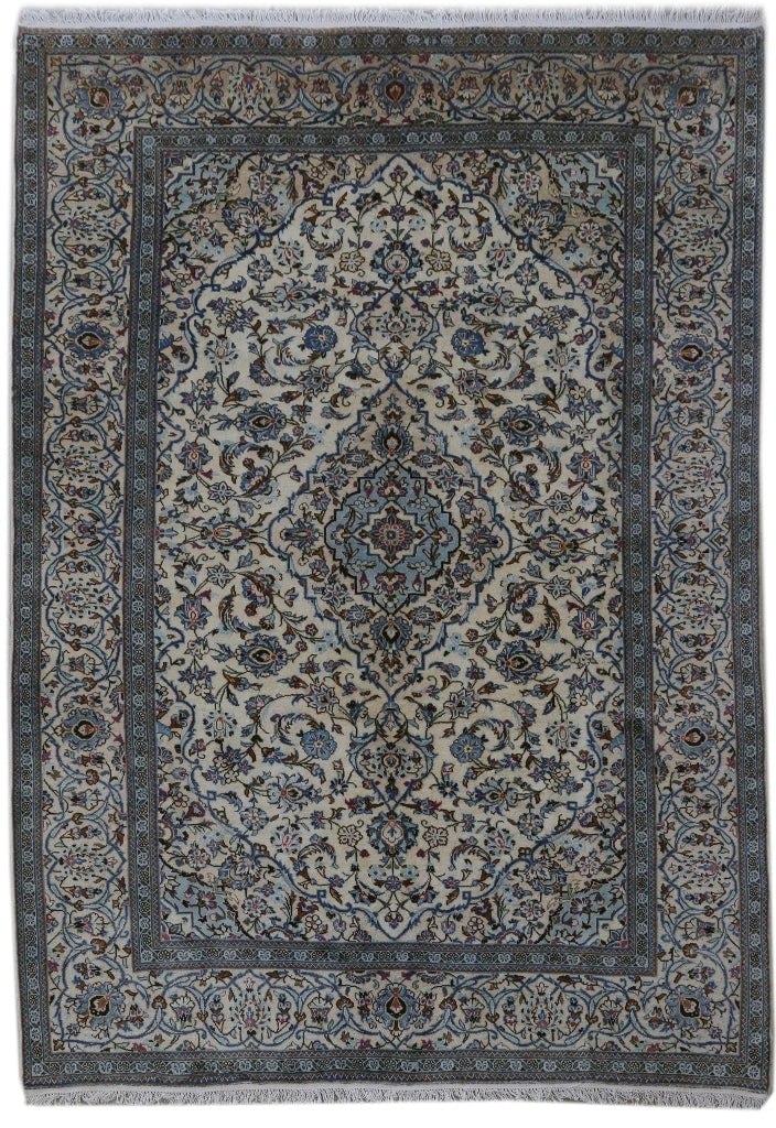 Ivory Persian Kashan Rug 6'8 x 9'8 Handcrafted Silk-like Pile: Ivory Persian Kashan Rug 6'8 x 9'8 Handcrafted Silk-like Pile Free continental US Shipping Elevate your space with this beautifully handcrafted Ivory Persian Kashan Rug, measuring 6' 8" x 9' 8". Artfu