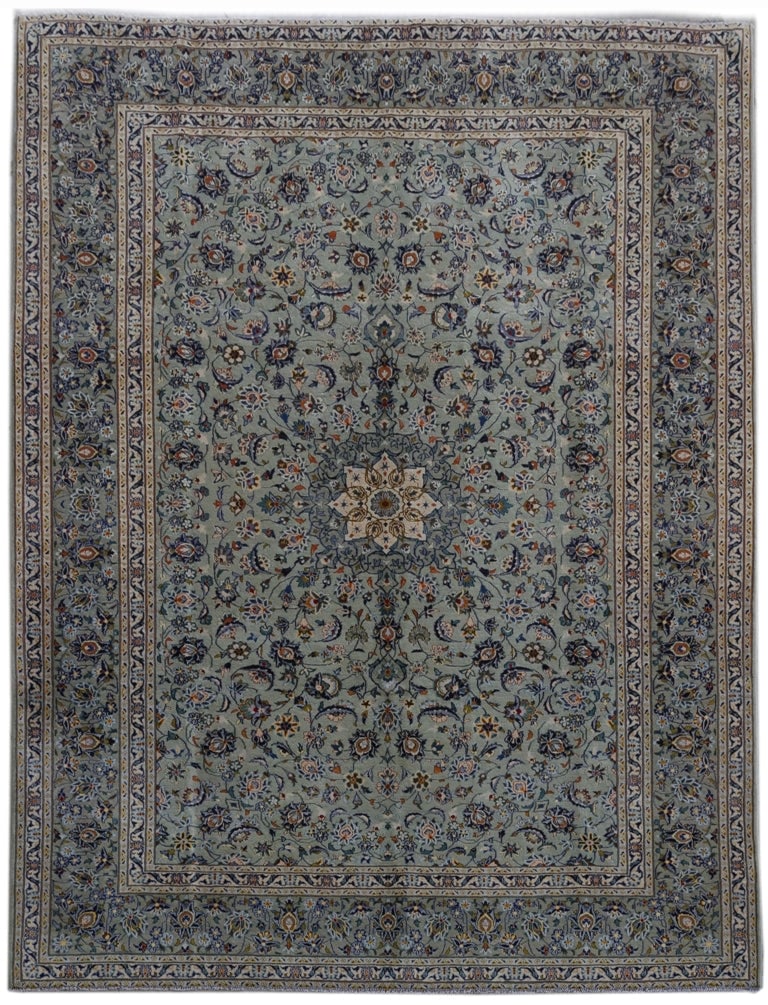 Handcrafted 10'1 x 13'2 Green Persian Kashan Area Rug: Handcrafted 10'1 x 13'2 Green Persian Kashan Area Rug Free continental US Shipping Transform your living space with this exquisite 10' x 13' Green Persian Kashan Rug, a stunning piece handcrafted by s