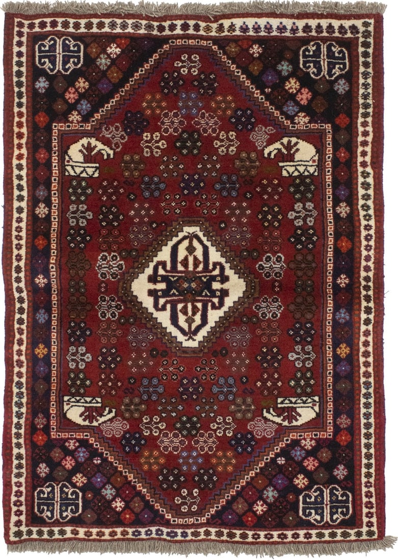 Hand-Knotted 3'5 x 5' Wool Oriental Rug Red Tribal Design: Hand-Knotted 3'5 x 5' Wool Oriental Rug Red Tribal Design Enhance your home decor with this exquisite 3'5" x 4'10" hand-knotted wool Oriental rug featuring a striking red tribal design. This unique ar