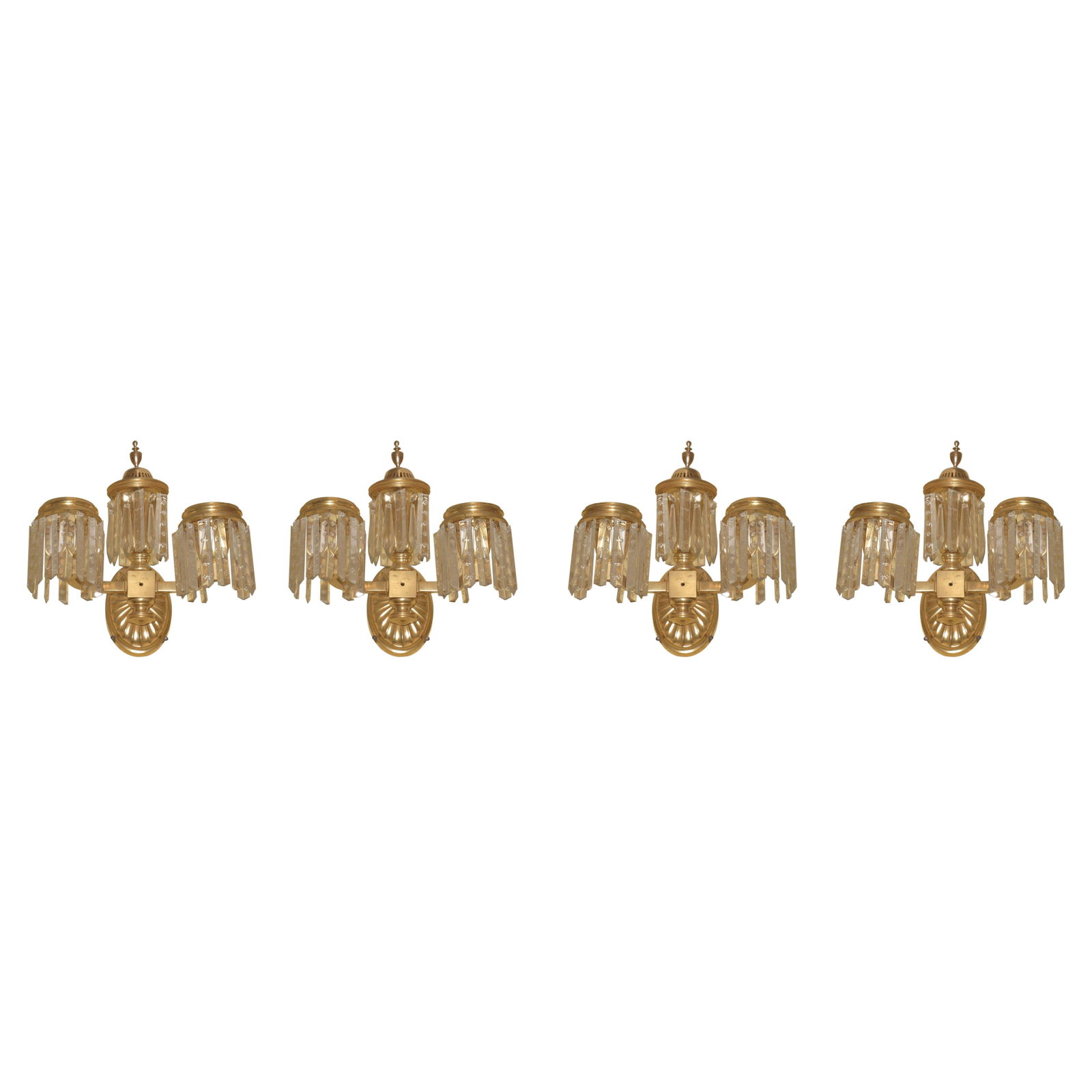 Four Regency Style French Gilt Bronze and Crystal Two-Light Sconces Set: Four Regency Style French Gilt Bronze and Crystal Two-Light Sconces Set This is a set of four antique English Regency style wall sconces from the early 20th century, crafted from gilt bronze and cryst
