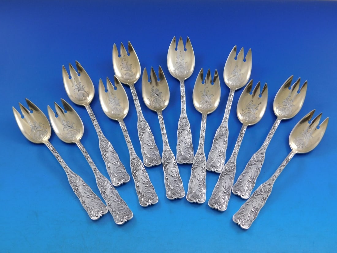 Gorham Saint Cloud Sterling Silver Ice Cream Forks Set of 12 Gold-Washed 5 Inch: Gorham Saint Cloud Sterling Silver Ice Cream Forks Set of 12 Gold-Washed 5 Inch This exquisite set of 12 ice cream forks from the Saint Cloud pattern by Gorham is crafted from high-quality sterling si