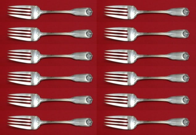 Towle Sterling Silver Salad Forks Set of 12 Benjamin Franklin 6 3/8": Towle Sterling Silver Salad Forks Set of 12 Benjamin Franklin 6 3/8" Enhance your dining experience with this exquisite set of 12 sterling silver salad forks from Towle, featuring the elegant Benjamin