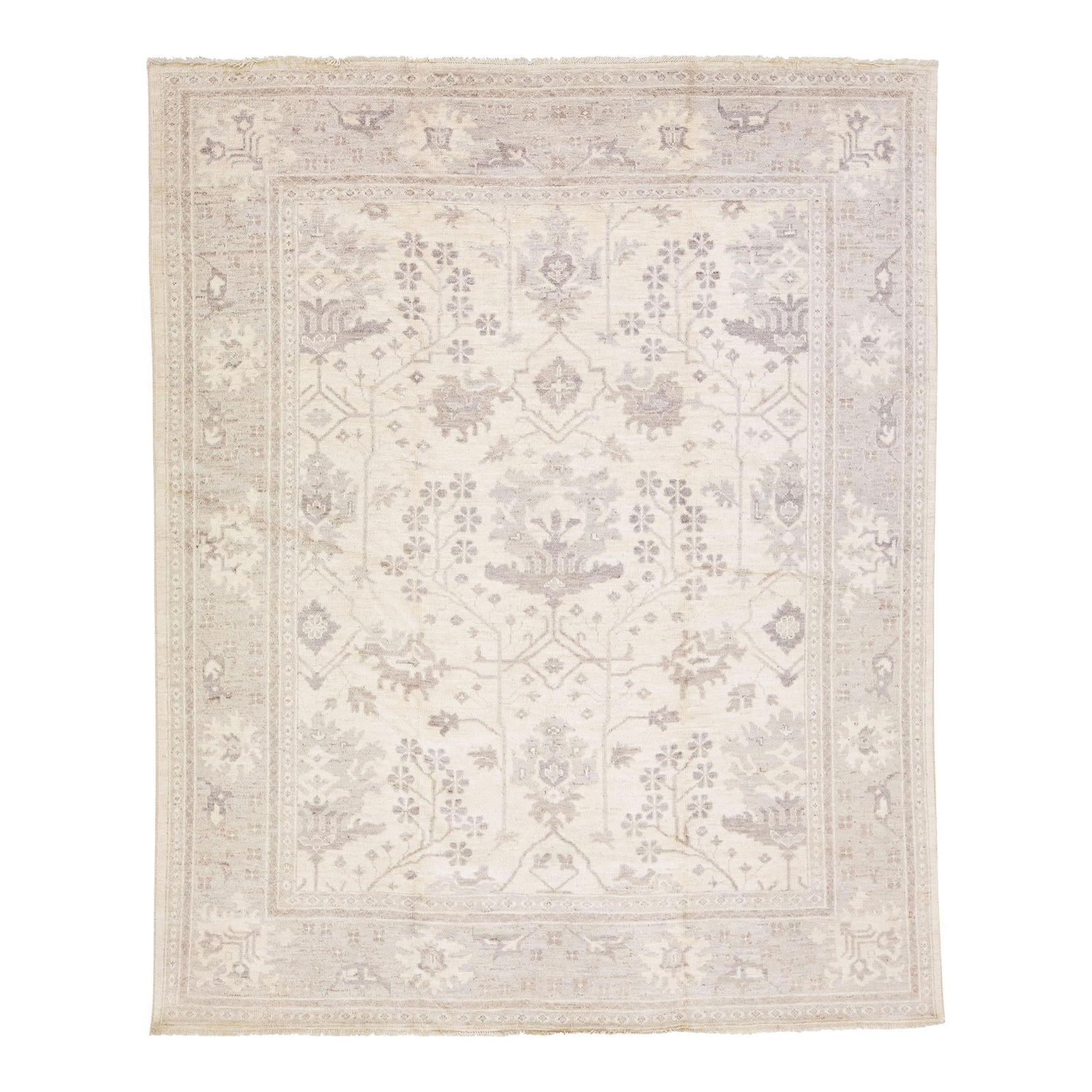 Handmade Turkish Oushak Floral Wool Rug Beige Gray 7'10 x 9'8: Handmade Turkish Oushak Floral Wool Rug Beige Gray 7'10 x 9'8 Enhance your space with this stunning modern Oushak hand-knotted wool rug, featuring a soft beige color field adorned with a beautiful all