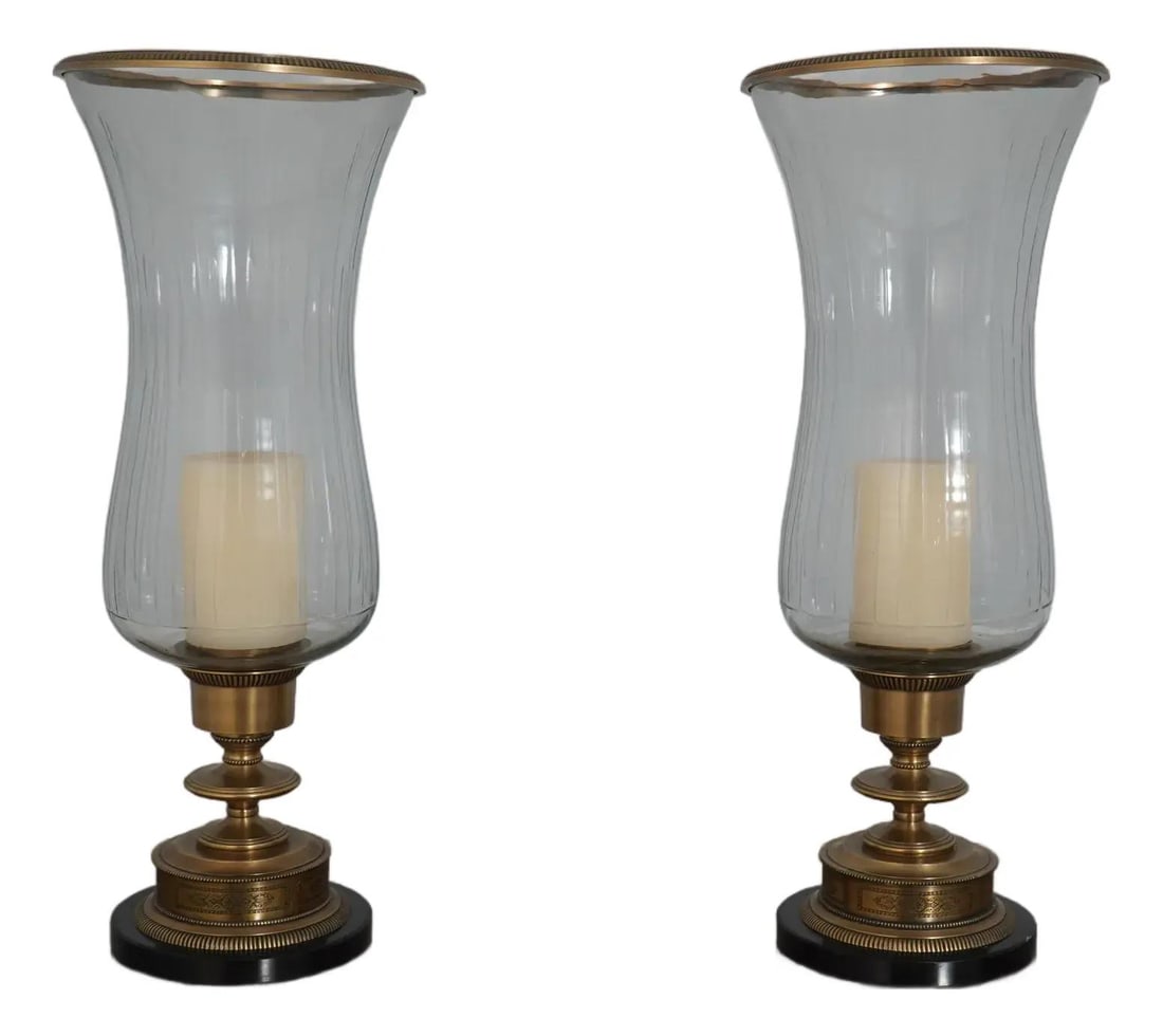 Elegant Pair of Large Glass Brass Hurricane Candlesticks (1 of 10)