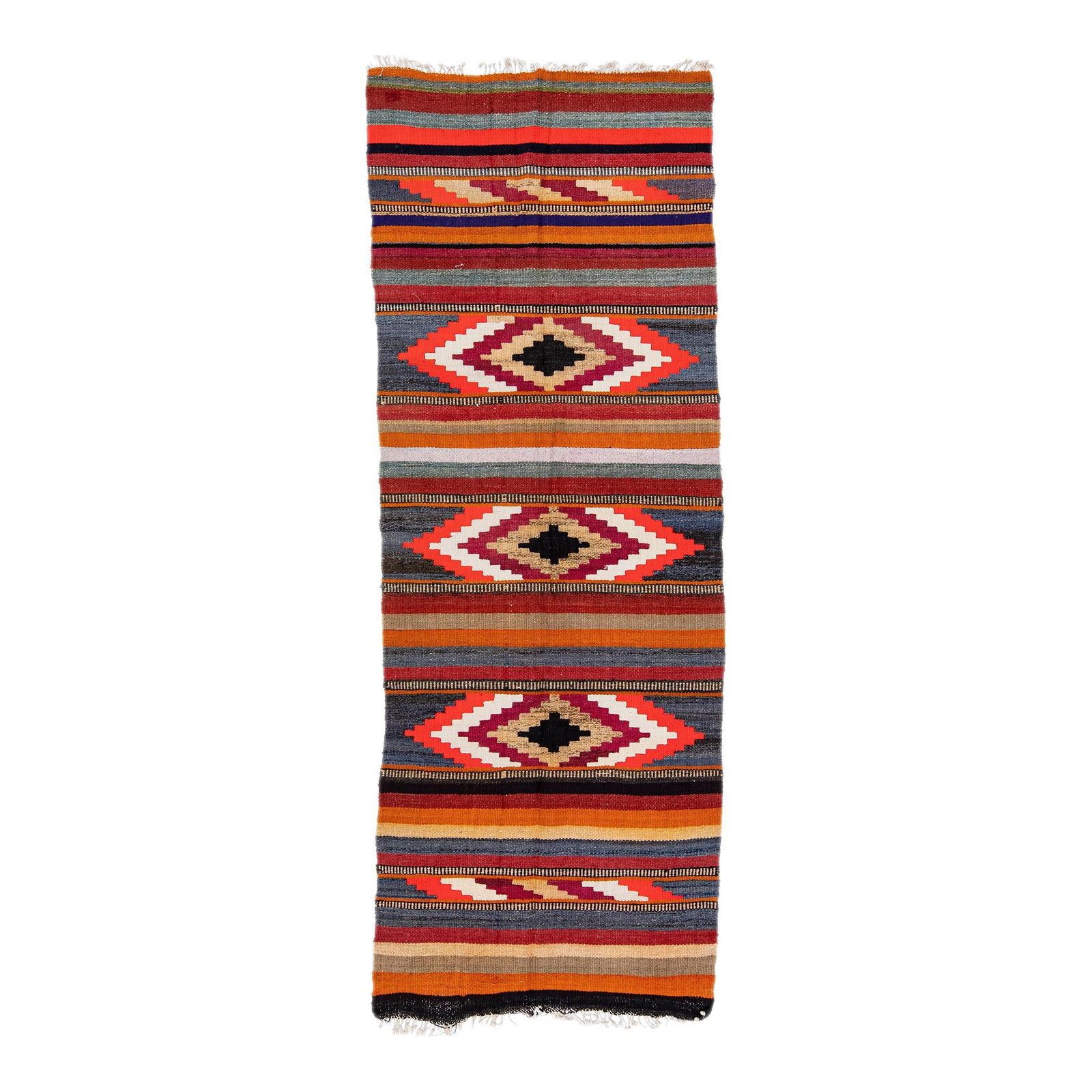 Vintage Turkish Kilim Tribal Wool Rug 3 x 8'2 Multicolor Design: Vintage Turkish Kilim Tribal Wool Rug 3 x 8'2 Multicolor Design This stunning vintage Turkish Kilim rug showcases a hand-knotted wool construction, featuring a striking black field adorned with multic