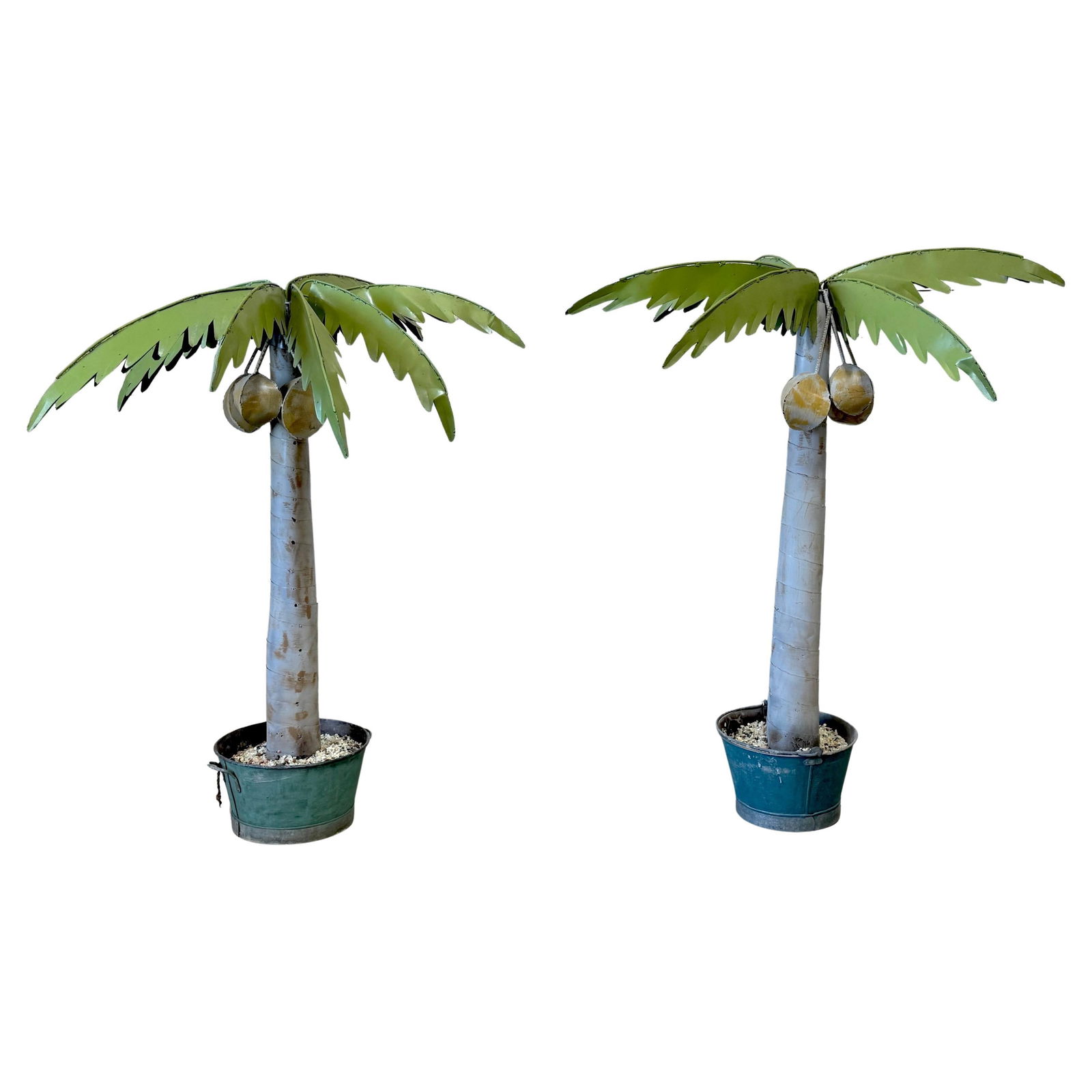 Set of 2 Modern Tole Life Size Palm Tree Sculptures: Set of 2 Modern Tole Life Size Palm Tree Sculptures This striking pair of life-size tole palm tree sculptures showcases a stunning blend of modern craftsmanship and exotic charm. Each sculpture is met