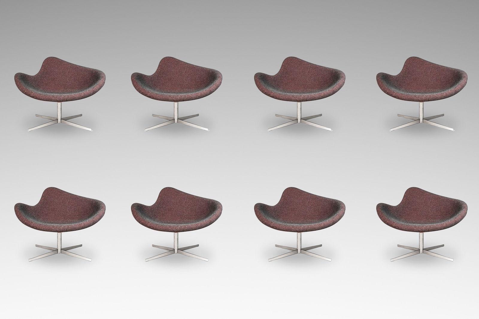 Set of 8 Postmodern K2 Magenta Swivel Chairs by Busk & Hertzog for Hightower: Set of 8 Postmodern K2 Magenta Swivel Chairs by Busk & Hertzog for Hightower Elevate your space with this stunning set of eight Postmodern "K2" chairs, designed by the renowned Danish duo Flemming Bus