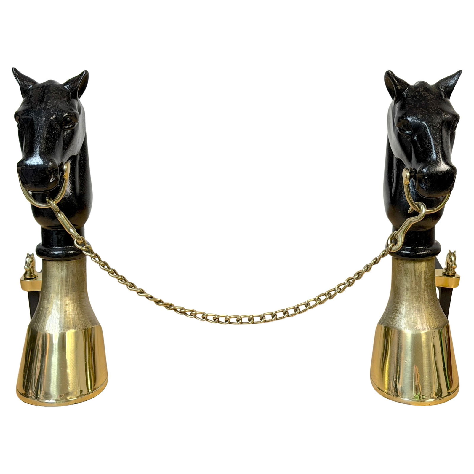 Set of Three English Brass and Iron Andirons with Horse Design and Detachable Chain (1 of 17)
