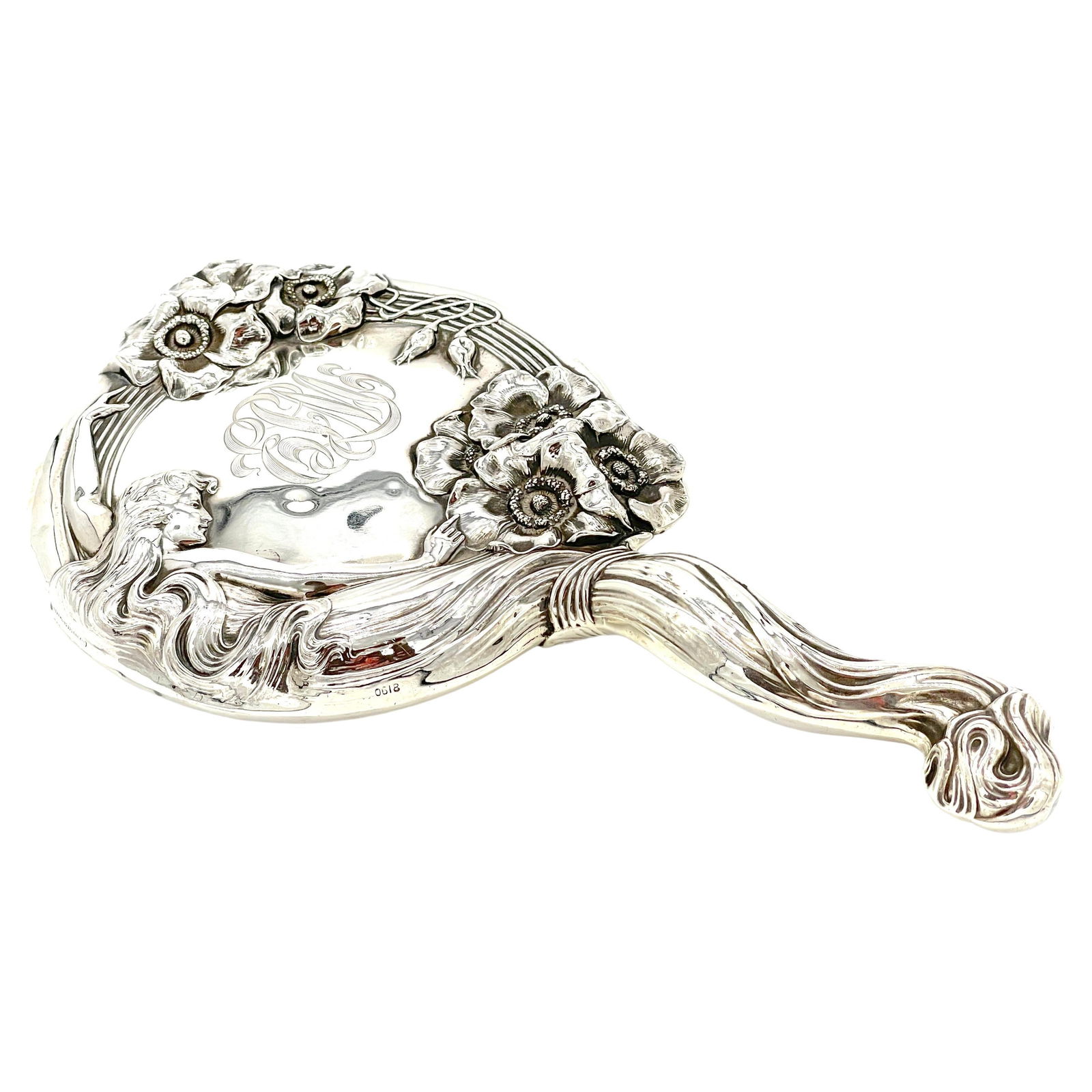 Unger Brothers 1903 Art Nouveau Sterling Silver Hand Mirror 'Reine des Fleurs' (1 of 13)