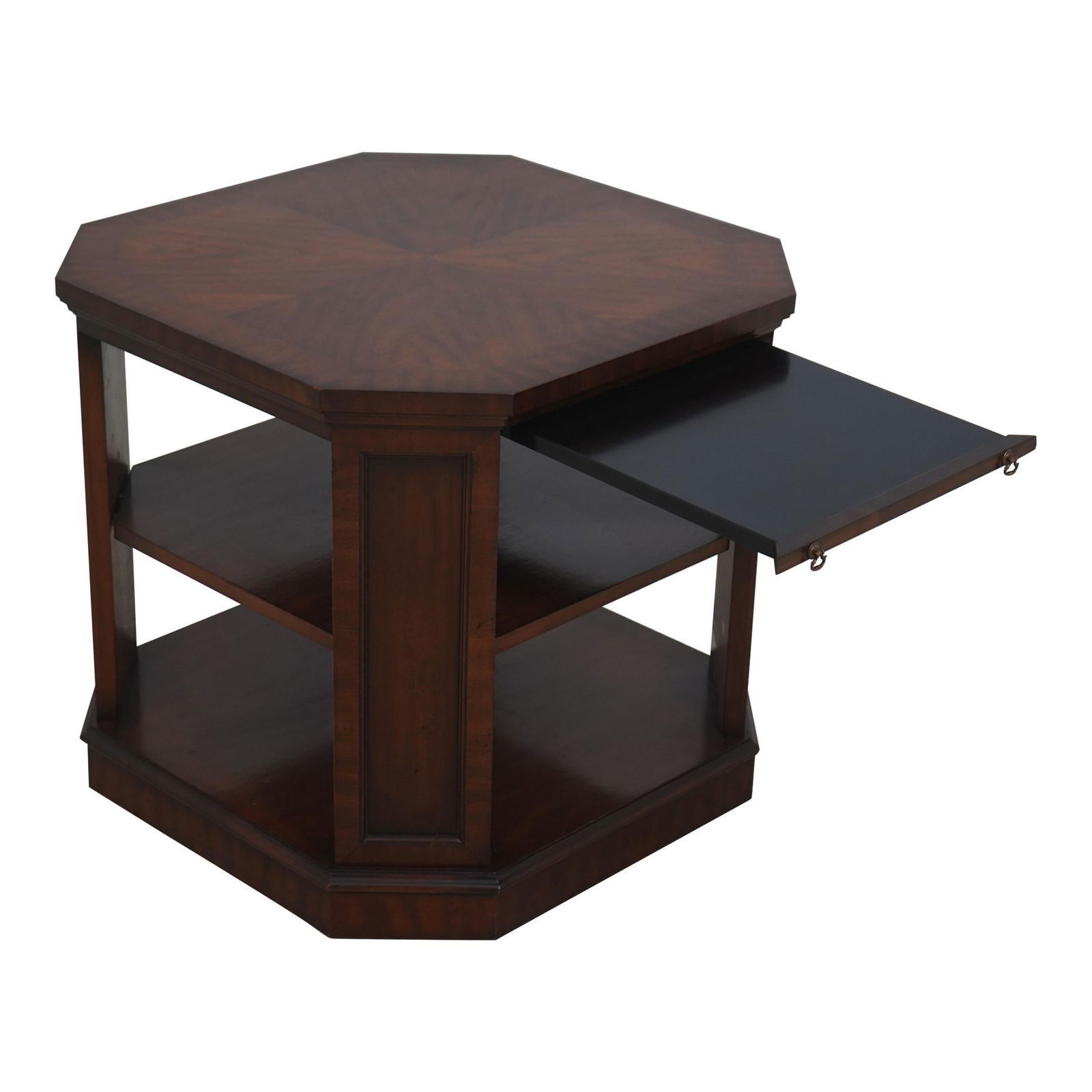 Kindel Cherry Wood Tiered Lamp Table with Pull-Out Slide: Kindel Cherry Wood Tiered Lamp Table with Pull-Out Slide This exquisite Kindel Cherry Tiered Lamp Table boasts a timeless design and quality craftsmanship, with an approximate age of 40 years. Made fr