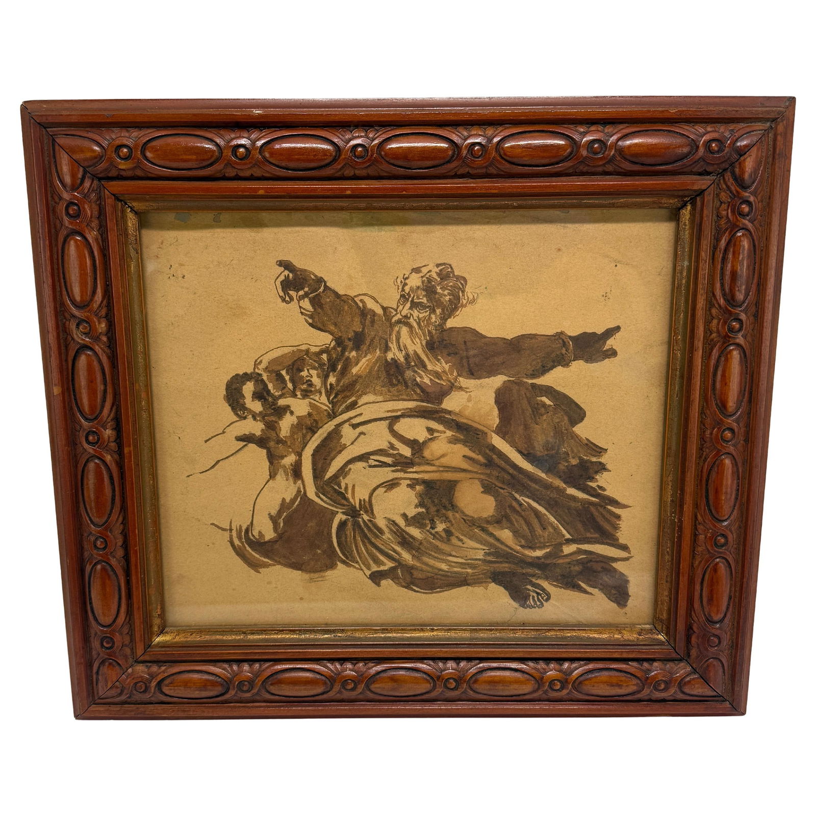 19th Century Grand Tour Pen & Ink Drawing of Bearded Patriarch: 19th Century Grand Tour Pen & Ink Drawing of Bearded Patriarch This exquisite 19th-century pen and ink wash drawing captures a bearded patriarchal figure, richly adorned in flowing robes, dynamically