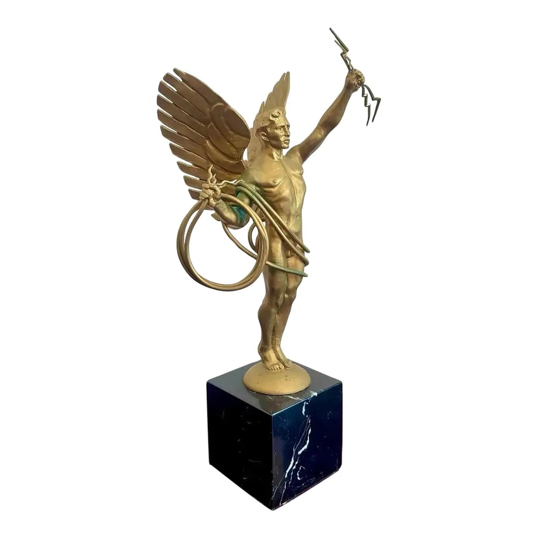 Vintage Grecian Winged Figure in Gold Finish on Black Marble Base: Vintage Grecian Winged Figure in Gold Finish on Black Marble Base This vintage mixed media figure captures the essence of power and mythic drama with its striking depiction of a winged male figure in