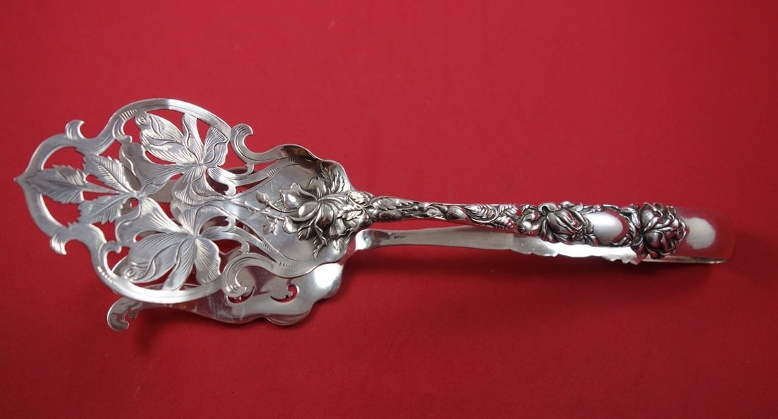 Rare Alvin Bridal Rose Sterling Silver Asparagus Serving Tong 9 5/8 Inch (1 of 2)