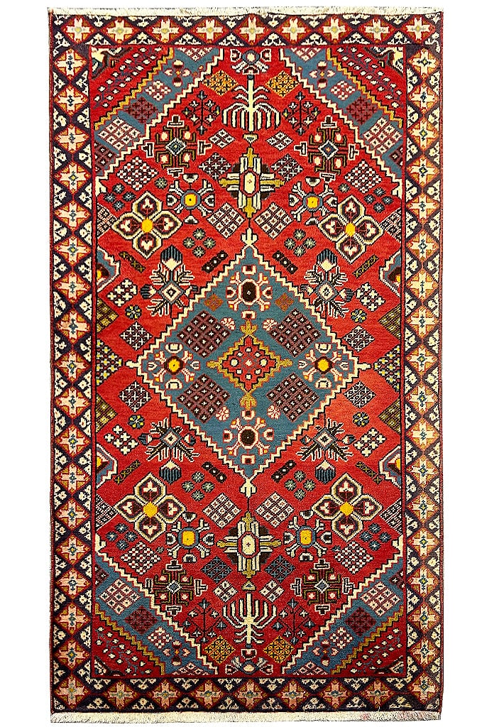 Handcrafted 4' x 6' 7" Persian Yalameh Rug in Wool Silk Blend: Handcrafted 4' x 6' 7" Persian Yalameh Rug in Wool Silk Blend Free continental US Shipping Discover the allure of this handcrafted Persian Tribal Yalameh Rug, expertly woven by skilled artisans from t